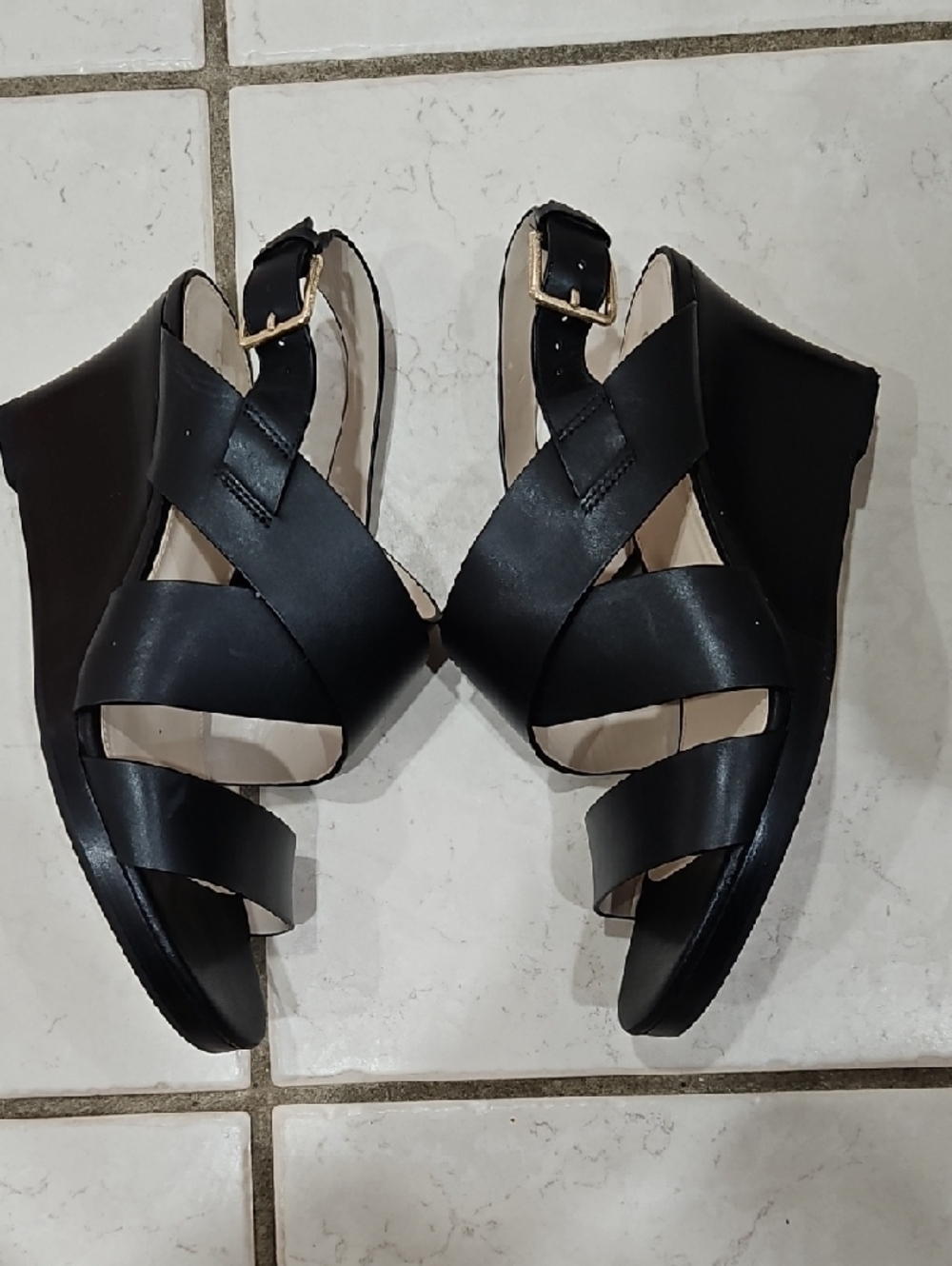 Cole Haan Black Leather Strappy Platform Sandals with Gold Buckles - Picture 4 of 10